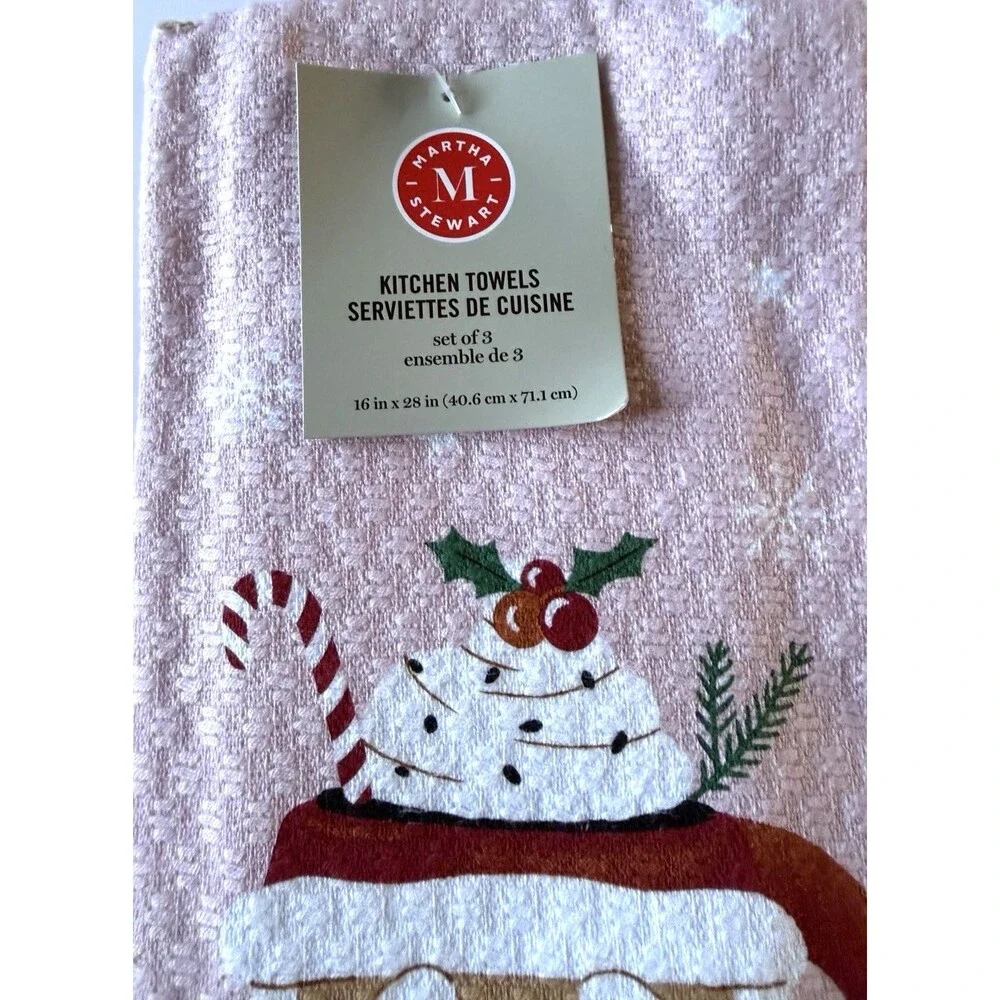 Martha Stewart Christmas Santa Claus Dish Kitchen Towels Set of 3 Pink Red 16x28